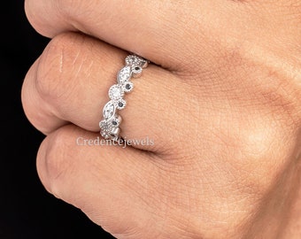 Mouse Fairy Tale Engagement Ring, Black & White Moissanite Band, Vintage Milgrain Full Eternity Band,  Mouse Ears Magical Ring 14K Gold Band