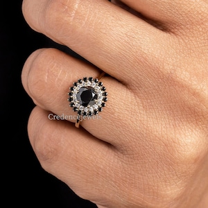 Black & White Round Moissanite Ring, Double Halo Black Moissanite Ring, Engagement Ring, Vintage Style Ring, Floral Halo Ring 14K Solid Gold