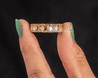 Brown Radiant Cut Diamond Band, Brown Diamond Eternity Wedding Band, Brown Radiant Cut Diamond Band, Vintage Stacking Wedding Band 14K Gold