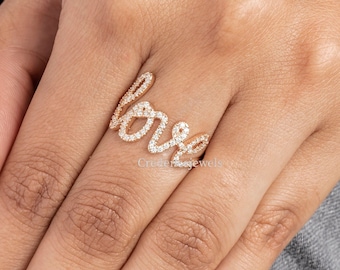 Love Script Ring, Cursive Love Band, Handwritten Love Moissanite Ring, Promise Ring, Round Moissanite Engagement Wedding band, 14K Gold