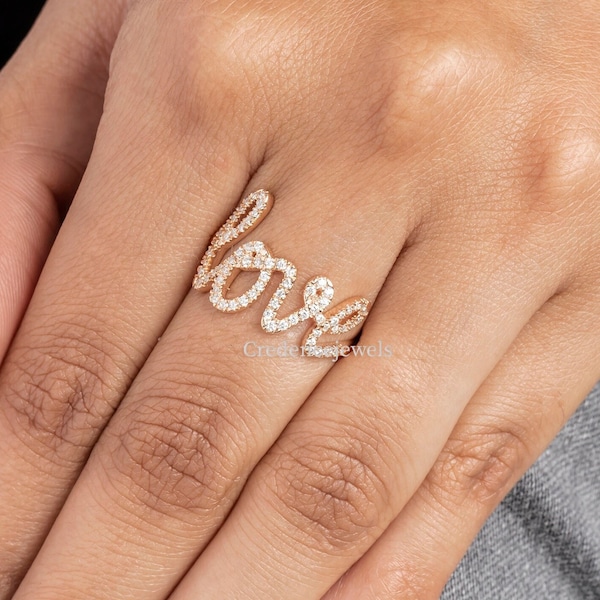 Love Script Ring, Cursive Love Band, Handwritten Love Moissanite Ring, Promise Ring, Round Moissanite Engagement Wedding band, 14K Gold