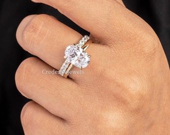Anillo de boda de moissanita de corte ovalado de 3 quilates, anillo de compromiso de moissanita, anillo de novia vintage, alianzas art déco a juego, anillo de oro de 14 k/18 k
