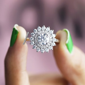 Round Cut Moissanite Double Halo Ring, Engagement Ring, Unique Flower Double Halo Ring, Art Deco Floral Starburst Ring, 14K Solid Gold Ring