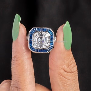 Vintage Art Deco Ring, 2.5CT Asscher Cut Moissanite Blue Sapphire Halo Ring, Bezel Set Ring, Engagement Ring, Milgrain Art Deco Ring