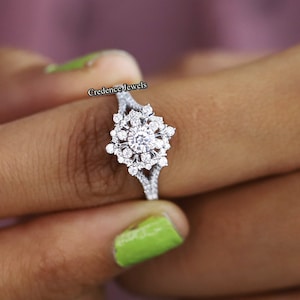 SnowFlake Ring, Enchanted Disney Elsa Ring, Round Moissanite Ring, Engagement Ring, Split Shank Ring, SnowFlake Wedding Ring, 14K Gold Solid