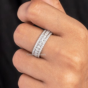 Triple Row Eternity Men&#39;s Wedding Band, Three Row Moissanite Band, Round Moissanite band, Channel Set Wedding Band, 14K Solid Gold Band