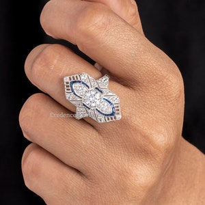 Safirring, rund Vingate Art Deco-ring, förlovningsring, milgrainring, vintage filigranring, 935 Argentium Silver, edwardiansk ring bild 2
