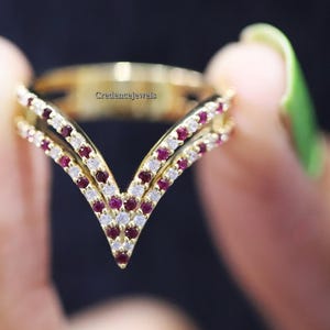 Ruby And White Diamond Band, Two Row Deep V Shape Band, Double Row Band, Chevron Engagement Band, Half Eternity Pointed Band, Nesting Band