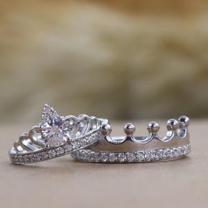 King And Queen Ring, White Moissanite King Queen Ring, Crown Couple Ring, Love Crown Couple Matching Ring, Round Moissanite Couple 14K Gold