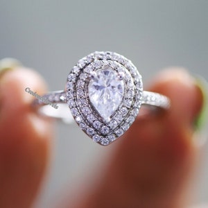 Pear Cut Moissanite Ring, Double Halo Ring, Teardrop Wedding Bridal Ring, Engagement Ring, 1.5CT Pear Cut Moissanite Ring, 14K Solid Gold