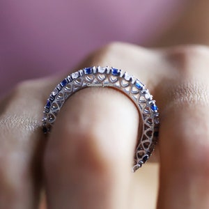 Full Eternity Wedding Band, Daily Wear Band, Stacking Band, Minimalist Band, Round & Blue Sapphire Diamond Band, 14K Gold Engagement Ring