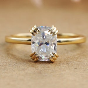 Hidden Halo Ring, Solitaire Engagement Ring, 2CT Elongated Cushion Moissanite Ring, Prong Set, Moissanite Wedding Ring, 14K Solid Gold Ring