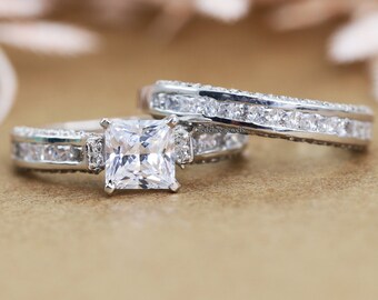 Princess Cut Ring Set, Channel Set Bridal Ring Set, Solitaire With Accent Ring Three Row Half Eternity Band Ready To Ship Ring Size 11 1/2US