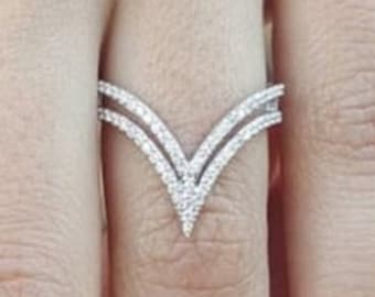 Half Eternity Pointed Band Ring, Two Row Deep V Shape Band, Stackable Ring, Daily Wear Round Diamond Engagement Wedding Ring, 14K White Gold
