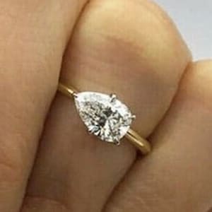 Pear East West Moissanite Engagement Ring, Solitaire Rings, 5 Prong Set Ring, East West Pear Diamond Ring, 2 CT Pear Cut Moissanite Rings
