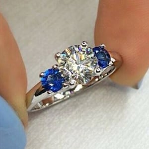 Three Stone Engagement Ring, 1 CT Round Cut & Blue Sapphire Diamond Wedding Ring, 14K White Gold Three Stone Simulant Diamond Women&#39;s Rings