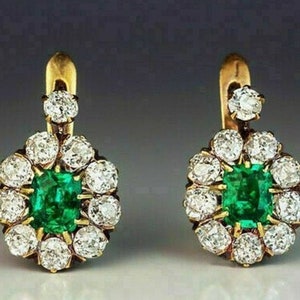Art Deco Diamond Earrings, Antique Vintage Earrings, Latch Back Earrings, Round Cut & Emerald Diamond Engagement Earrings, Yellow Gold Over