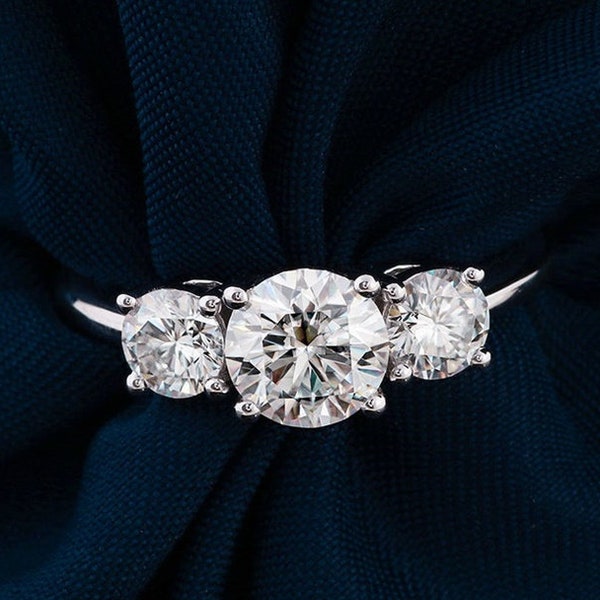 Three Stone Ring, Trilogy Ring, Trellis Setting 3 Stone Ring, Engagement Wedding Ring, 1 CT Round Cut Diamond Ring, Promise Ring, 925 Silver