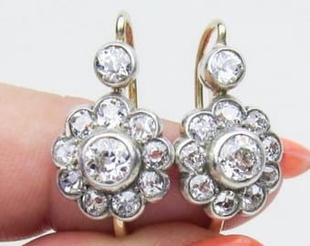 Vintage Art Deco Earrings, Floral Diamond Earrings, Lever Back Earrings, Round Diamond Wedding Earrings, Bezel Earrings, 14K Gold Over