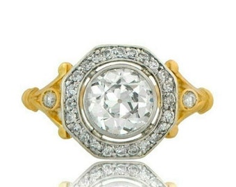 Art Deco Vintage Style Diamond Ring, Bezel Set Ring, Halo Diamond Ring, Round OEC Cut Diamond Engagement Ring, 14K Yellow Gold Antique Ring