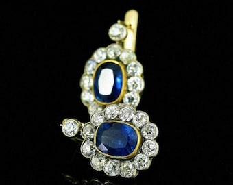 Floral Art Deco Diamond Earrings, Bezel Set Antique Vintage Earrings, Latch Back Earrings, Gold Over Round & Blue Sapphire Diamond Earrings