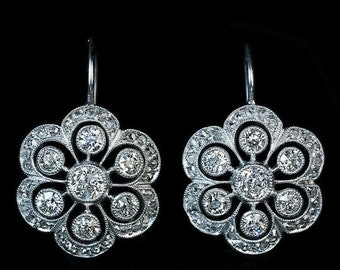 Pendientes Art Déco antiguos vintage, pendientes florales de diamantes redondos, pendientes traseros de palanca, pendientes de boda de compromiso, pendientes de oro de 14 quilates