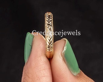 Engraving Filigree Wedding Band, Yellow Gold Wedding Band,Vintage Style Wedding Ring Swirl Patterned Band Minimalist Filigree Engraving Band