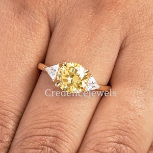 Three Stone Canary Yellow Round And Pear Cut Diamond Ring, Three Stone Ring, Yellow Diamond Ring, Fancy Yellow Statement Ring, 14K Gold