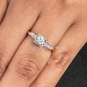 Circa 1920 Vintage Art Deco Minimalist Ring, Engagement Ring Two Tone Round Moissanite Milgrain Art Deco Ring Minimalist 925 Sterling Silver