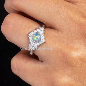 Opal GemStone Cosmos Moon Witchy Engagement Ring, 14K Gold Celestial 3 Stone Diamond Stardust Ring, Opal Moon Celestial Ring, Gift For Her