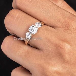 Three Stone Engagement Ring 14K Yellow Gold Bridal, Past Present Future Ring, Moissanite Engagement Ring, Three stone Moissanite Ring