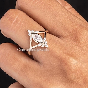 Marquise Cut Moissanite Bezel Set Engagement Ring, Vintage Engagement Ring, Marquise Diamond Ring, Split Shank Art Deco Cluster Diamond Ring