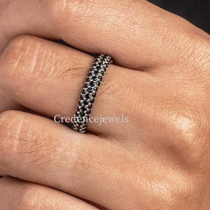 Three Row Black Moissanite Diamond Band, 3 Row Pavé Wedding Band, Three Sided Micro Pave Set Half Eternity Wedding Band, Dome Style Band