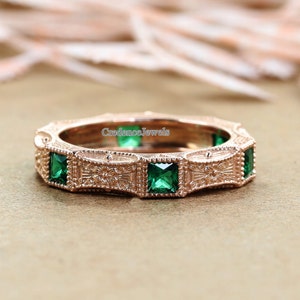 Vintage Art Deco Band, Milgrain Band, Green Emerald Diamond Engagement Wedding Band, Antique Art Deco Band, 14K Solid Rose Gold Band