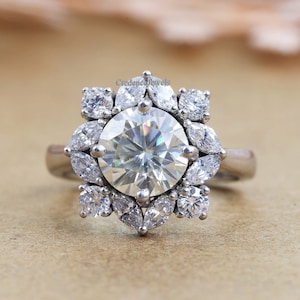 Anillo de moissanita redonda con halo, anillo de compromiso en racimo de oro macizo de 14 quilates, anillo de inspiración floral, anillo de caña europea, anillo con halo floral, anillo de bodas