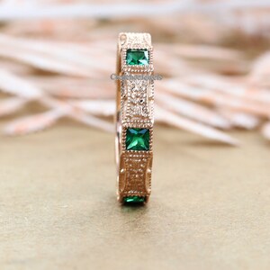Vintage Art Deco Band, Milgrain Band, Green Emerald Diamond Engagement Wedding Band, Antique Art Deco Band, 14K Solid Rose Gold Band