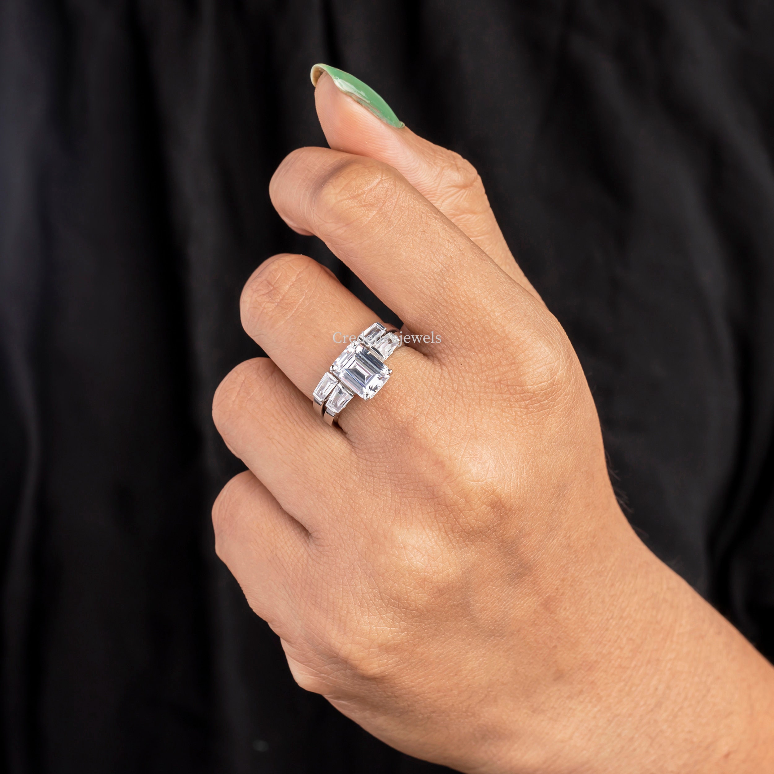 ブライダルリングセット、2.5カラット エメラルドカット