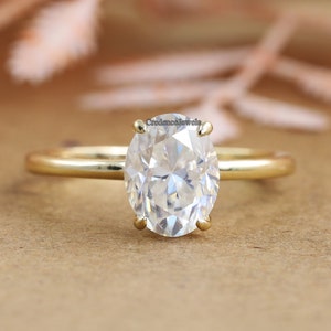Oval Solitaire Engagement Ring, Hidden Halo Ring, 3CT Oval Cut Moissanite Wedding Ring, Solitaire Moissanite Ring 14K Yellow Solid Gold Ring
