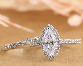 Bridal Ring Set, Halo Diamond Engagement Ring, Vintage Art Deco Style Band, Marquise Cut 2 CT Moissanite Diamond Wedding Ring Set, 14K Gold