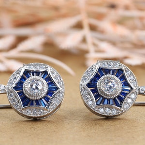 Vintage Art Deco Earrings, Floral Halo Earrings, Lever Back Earrings, Blue Sapphire Earrings, Antique Earrings, 925 Silver