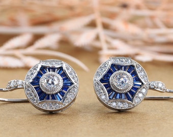 Vintage Art Deco Earrings, Floral Halo Earrings, Lever Back Earrings, Blue Sapphire Earrings, Antique Earrings, 925 Silver