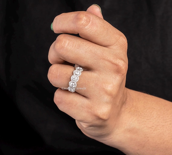 Round Cut Moissanite 14k Gold Wedding Band Five Stone Half