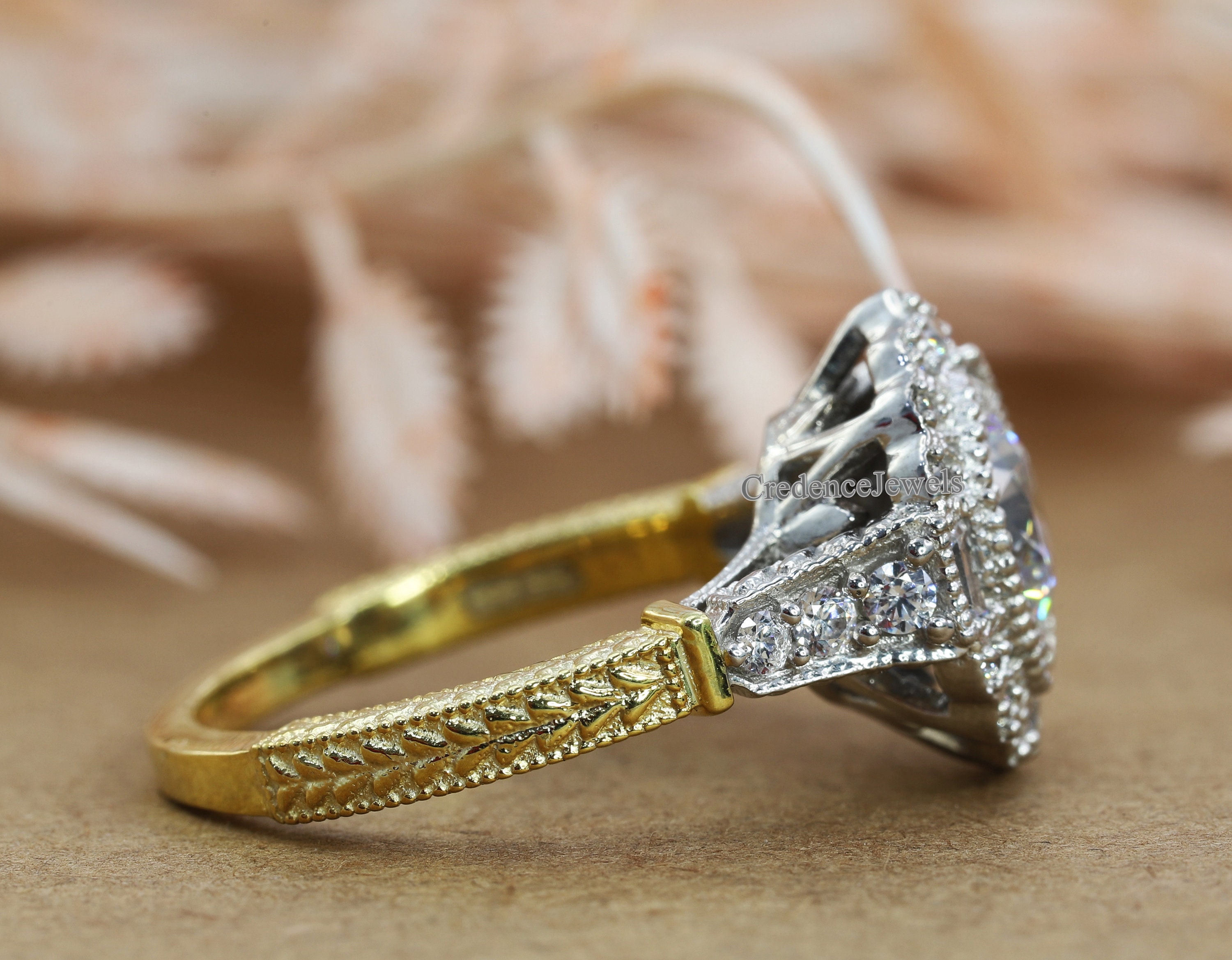 Two Tone Vintage Art Deco Ring, Bezel Set Ring, Milgrain