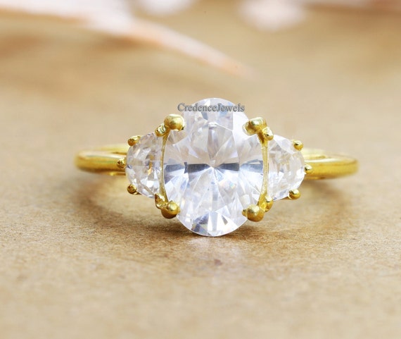 Three Stone Ring Oval Cut Half Moon Diamond Engagement Ring
