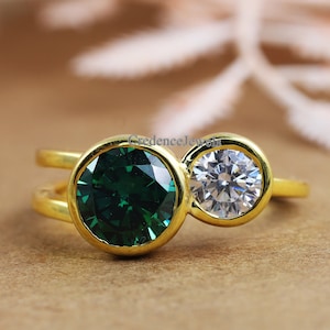 Two Stone Ring, Bezel Set Ring, Engagement Wedding Ring, Toi et Moi Ring, Round White & Green Diamond Ring, 14K Solid Yellow Gold Ring