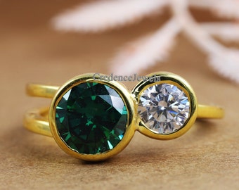 Two Stone Ring, Bezel Set Ring, Engagement Wedding Ring, Toi et Moi Ring, Round White & Green Diamond Ring, 14K Solid Yellow Gold Ring