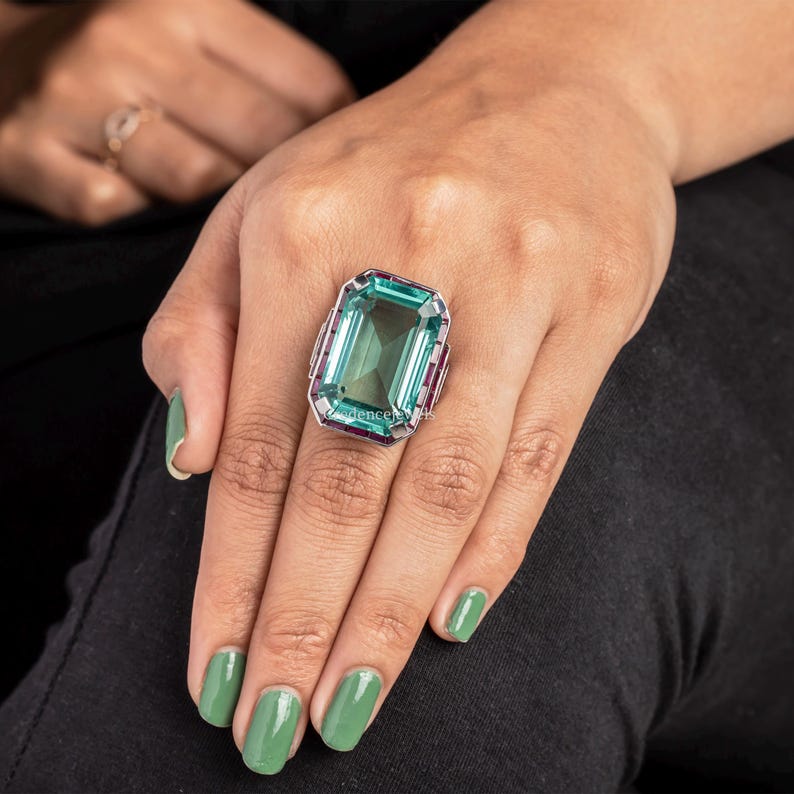 Ruby Diamond Engagement Ring, Huge Green Emerald Cut Ring, Large ...