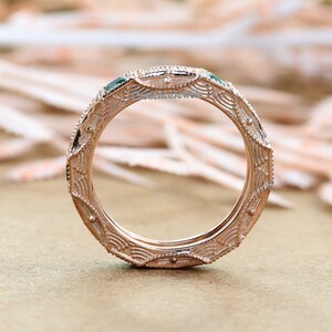 Vintage Art Deco Band, Milgrain Band, Green Emerald Diamond Engagement Wedding Band, Antique Art Deco Band, 14K Solid Rose Gold Band