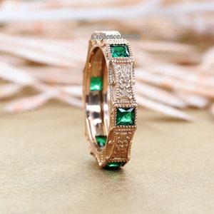 Vintage Art Deco Band, Milgrain Band, Green Emerald Diamond Engagement Wedding Band, Antique Art Deco Band, 14K Solid Rose Gold Band