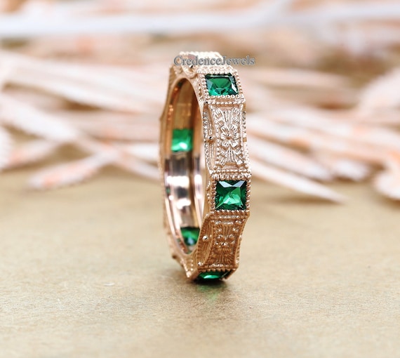 Vintage Art Deco Band, Milgrain Band, Green Emerald Diamond Engagement Wedding Band, Antique Art Deco Band, 14K Solid Rose Gold Band